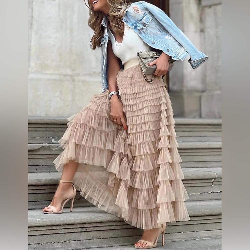 Layered Tulle Maxi Skirt | High-Waist Fairycore Flowing Skirt | Emily in Paris